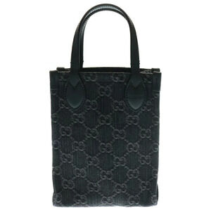 GUCCI GG Denim Handbag Shoulder Bag Black Canvas Leather